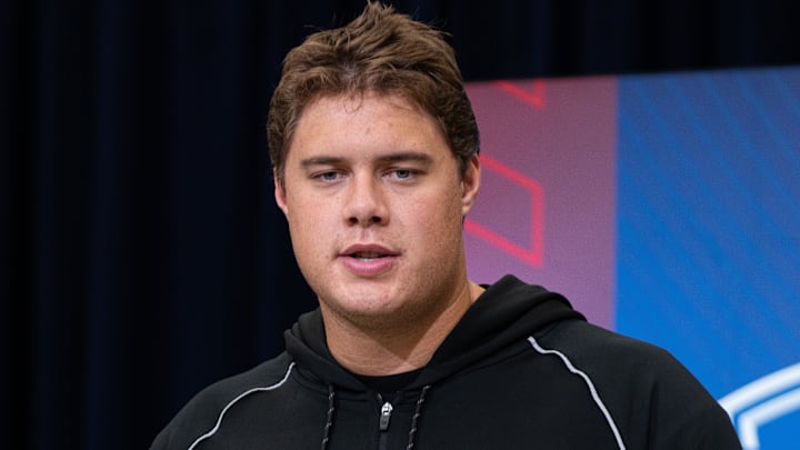 Feb 28, 2026; Indianapolis, IN, USA; Utah offensive lineman Caleb Lomu (OL33) speaks to members of the media during the NFL Combine at the Indiana Convention Center. Mandatory Credit: Jacob Musselman-Imagn Images