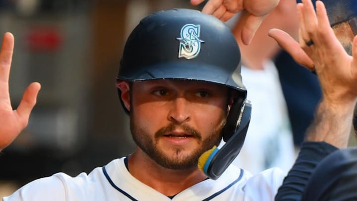 Mariners third baseman Ben Williamson (9) celebrates in the dugout after scoring a run against Kansas City Royals during the fifth inning at T-Mobile Park on July 1.