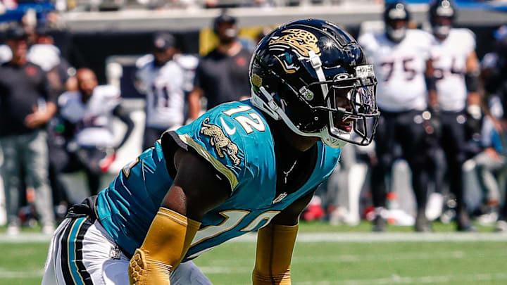 Sep 21, 2025; Jacksonville, Florida, USA; Jacksonville Jaguars cornerback Travis Hunter (12) before the play against the Houston Texans  at EverBank Stadium. Mandatory Credit: Travis Register-Imagn Images