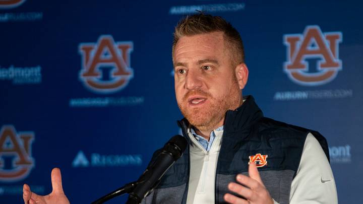 Auburn Tigers football head coach Alex Golesh speaks during a press conference at Woltosz Performance Center in Auburn, Ala. on Monday, Dec. 8, 2025.