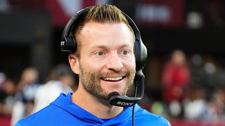 Los Angeles Rams head coach Sean McVay smiles after a touchdown by wide receiver Puka Nacua (12) against the Arizona Cardinals in the second half at State Farm Stadium on Dec 7, 2025, in Glendale, Ariz.