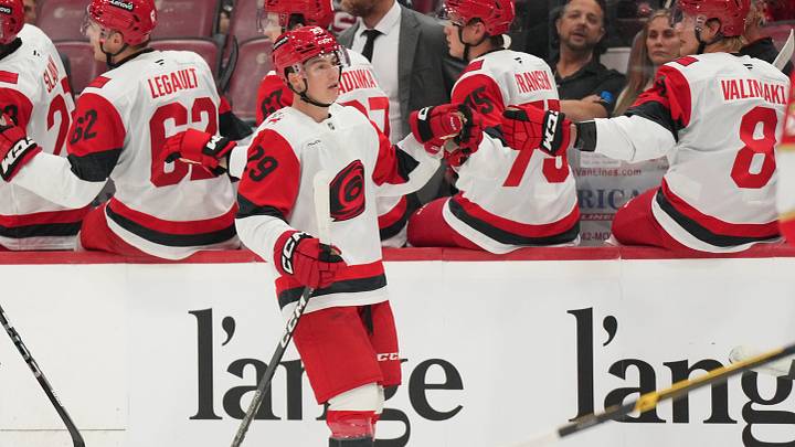 Sep 20, 2026; Sunrise, Florida, USA; Carolina Hurricanes forward Bradly Nadeau (29) celebrates a goal against the Florida Panthers during the second period at Amarant Bank Arena.  Mandatory Credit: Jim Rassol-Imagn Images