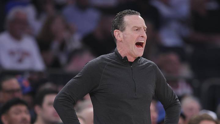 May 19, 2026; New York, New York, USA; Cleveland Cavaliers head coach Kenny Atkinson reacts during the second quarter of game one of the eastern conference finals against the New York Knicks during the 2026 NBA playoffs at Madison Square Garden. Mandatory Credit: Brad Penner-Imagn Images