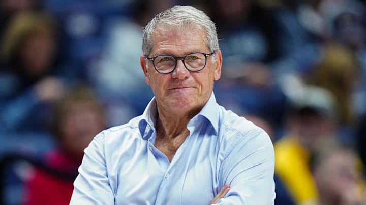 Nov 9, 2025; Storrs, Connecticut, USA; UConn Huskies head coach Geno Auriemma watches from the sideline as they take on the Florida State Seminoles at Harry A. Gampel Pavilion. Mandatory Credit: David Butler II-Imagn Images