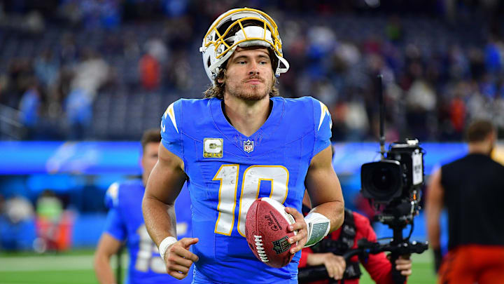 Nov 17, 2024; Inglewood, California, USA; Los Angeles Chargers quarterback Justin Herbert (10) following the victory against the Cincinnati Bengals at SoFi Stadium. Mandatory Credit: Gary A. Vasquez-Imagn Images