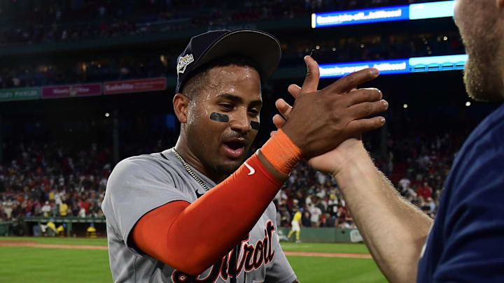 Sep 27, 2025; Boston, Massachusetts, USA; Detroit Tigers third baseman Andy Ibanez (77) celebrates after defeating the Boston Red Sox at Fenway Park.