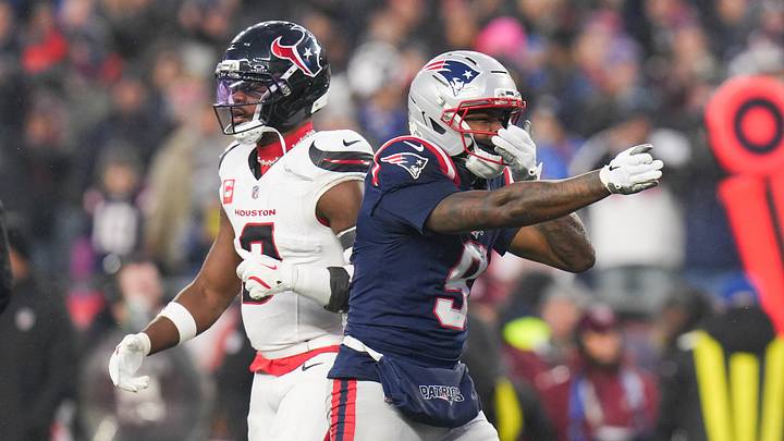 Jan 18, 2026; Foxborough, MA, USA; New England Patriots wide receiver Kayshon Boutte (9) reacts after a play in the second quarter against the Houston Texans in an AFC Divisional Round game at Gillette Stadium. Mandatory Credit: David Butler II-Imagn Images