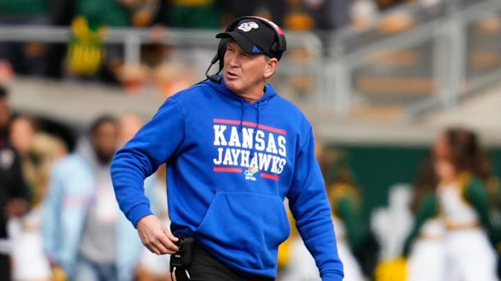 Nov 30, 2024; Waco, Texas, USA;  Kansas Jayhawks head coach Lance Leipold reacts during the first half against the Baylor Bears at McLane Stadium. Mandatory Credit: Chris Jones-Imagn Images