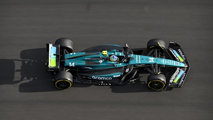 Oct 18, 2024; Austin, Texas, USA; Aston Martin Aramco F1 Team driver Fernando Alonso (14) of Team Spain drives during qualifying for the Sprint Race before the 2024 US Grand Prix at Circuit of the Americas. Mandatory Credit: Jerome Miron-Imagn Images
