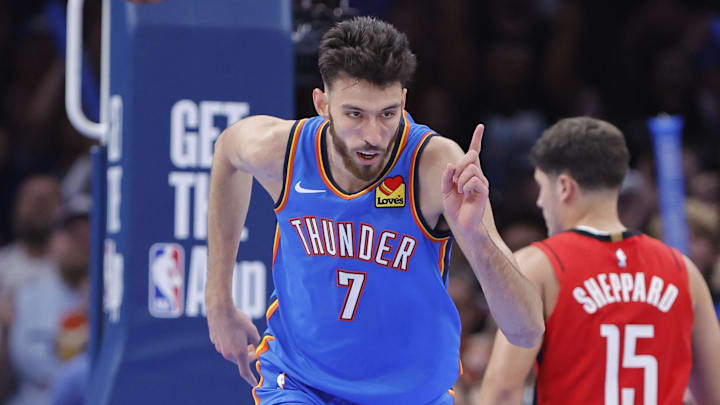 Oct 21, 2025; Oklahoma City, Oklahoma, USA; Oklahoma City Thunder center Chet Holmgren (7) gestures after scoring against the Houston Rockets during the second half at Paycom Center. Mandatory Credit: Alonzo Adams-Imagn Images Oct 21, 2025; Oklahoma City, Oklahoma, USA; Oklahoma City Thunder center Chet Holmgren (7) gestures after scoring against the Houston Rockets during the second half at Paycom Center. Mandatory Credit: Alonzo Adams-Imagn Images