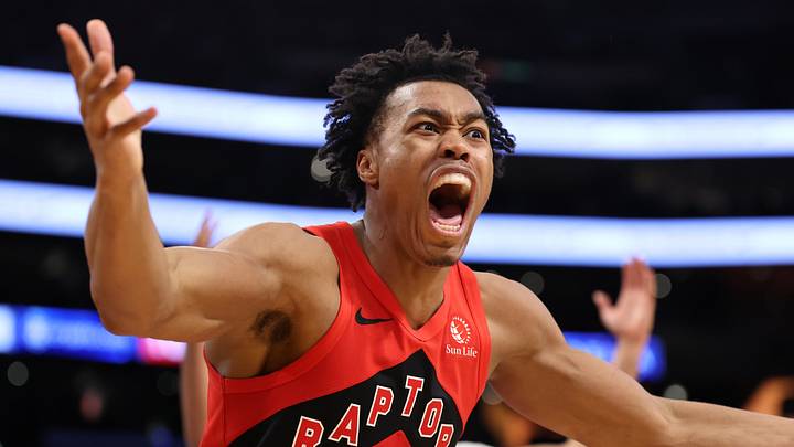 Jan 9, 2024; Los Angeles, California, USA;  Toronto Raptors forward Scottie Barnes (4) reacts to a call during the second half against the Los Angeles Lakers at Crypto.com Arena. Mandatory Credit: Kiyoshi Mio-USA TODAY Sports