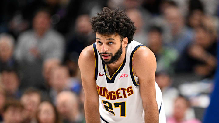 Jan 14, 2026; Dallas, Texas, USA; Denver Nuggets guard Jamal Murray (27) looks on during the second quarter against the Dallas Mavericks at the American Airlines Center.