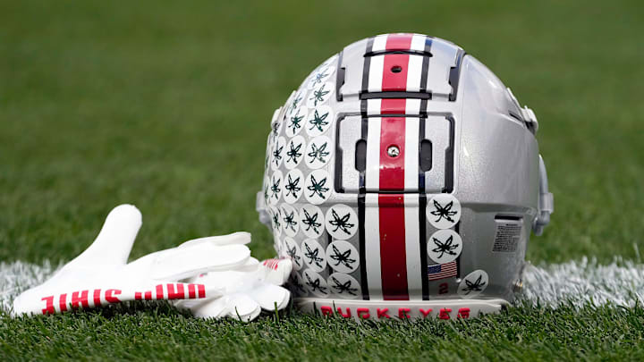 Oct 8, 2022; East Lansing, Michigan, USA; Ohio State Buckeyes wide receiver Emeka Egbuka (2) helmet and gloves during warm-ups before the NCAA Division I football game between the Ohio State Buckeyes and Michigan State Spartans at Spartan Stadium.