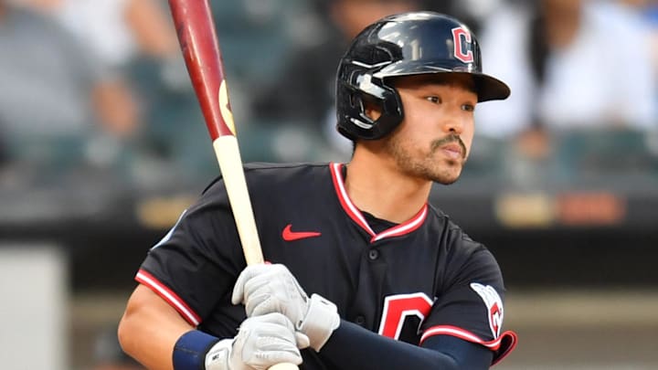 Jul 12, 2025; Chicago, Illinois, USA; Cleveland Guardians left fielder Steven Kwan (38) hits an RBI single during the ninth inning against the Chicago White Sox at Rate Field Jul 12, 2025; Chicago, Illinois, USA; Cleveland Guardians left fielder Steven Kwan (38) hits an RBI single during the ninth inning against the Chicago White Sox at Rate Field