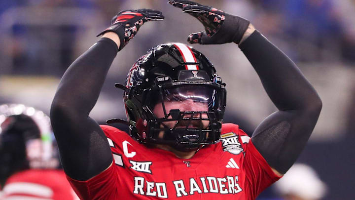 Texas Tech's Jacob Rodriguez asks for more crowd noise during the Big 12 Championship football game, Saturday, Nov. 6, 2025, at AT&T Stadium in Arlington.