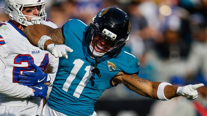 Jacksonville Jaguars wide receiver Parker Washington (11) signal a first down during the fourth quarter in an NFL football AFC Wild Card playoff matchup, Sunday, Jan. 11, 2026, in Jacksonville, Fla. Bills lead 10-7 at the half over the Jaguars. The Bills defeated the Jaguars 27-24. Jacksonville Jaguars wide receiver Parker Washington (11) signal a first down during the fourth quarter in an NFL football AFC Wild Card playoff matchup, Sunday, Jan. 11, 2026, in Jacksonville, Fla. Bills lead 10-7 at the half over the Jaguars. The Bills defeated the Jaguars 27-24.