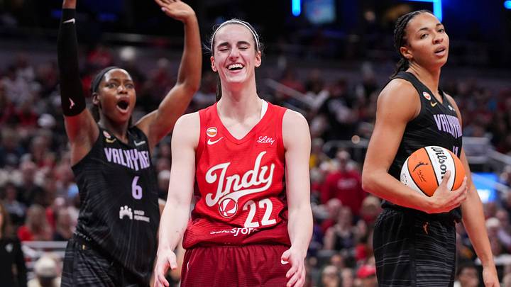 Indiana Fever guard Caitlin Clark (22) smiles Friday, May 22, 2026, during a game at Gainbridge Fieldhouse in Indianapolis. The Indiana Fever defeated the Golden State Valkyries, 90-82.