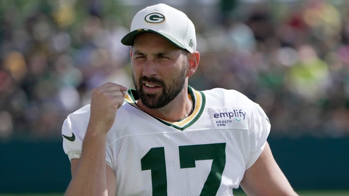 Green Bay Packers place kicker Brandon McManus (17) is shown during a joint practice with the Seattle Seahawks Thursday, August 21, 2025 in Green Bay, Wisconsin.