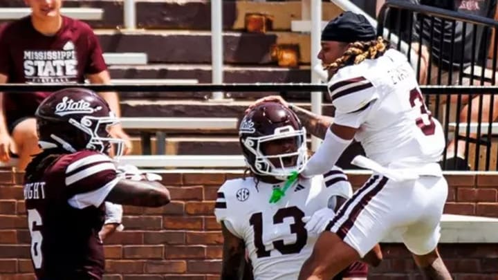 Mississippi State wide receivers Sanfrisco Magee (13) and Mississippi State Anthony Evans III (3) during the 2025 spring game at Davis Wade Stadium at Scott Field in Starkville, Miss.