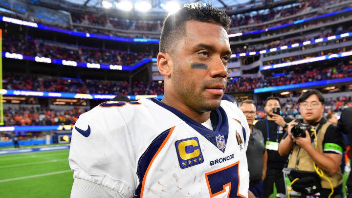 Dec 10, 2023; Inglewood, California, USA;  Denver Broncos quarterback Russell Wilson (3) reacts following the victory against the Los Angeles Chargers at SoFi Stadium. 