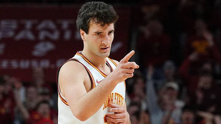 Iowa State Cyclones forward Milan Momcilovic (22) reacts after making a three-point shot against Colorado during the first half in the big-12 men’s basketball on Jan. 29, 2026, at Hilton Coliseum in Ames, Iowa. Iowa State Cyclones forward Milan Momcilovic (22) reacts after making a three-point shot against Colorado during the first half in the big-12 men’s basketball on Jan. 29, 2026, at Hilton Coliseum in Ames, Iowa.