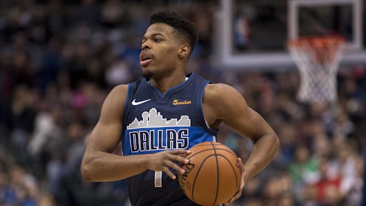 Dec 30, 2018; Dallas, TX, USA; Dallas Mavericks guard Dennis Smith Jr. (1) brings the ball up court against the Oklahoma City Thunder during the first quarter at the American Airlines Center. Mandatory Credit: Jerome Miron-Imagn Images