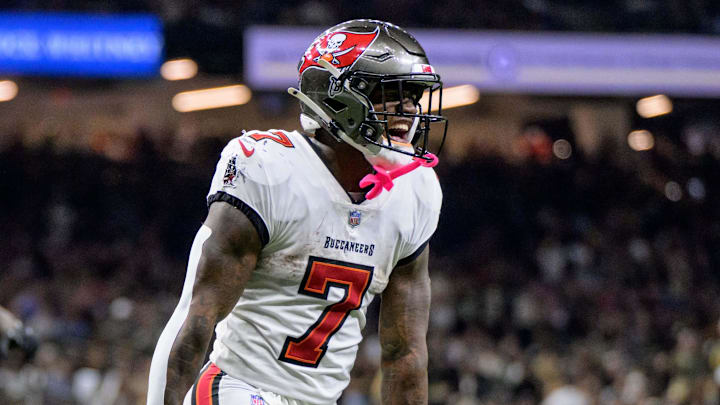 Oct 13, 2024; New Orleans, Louisiana, USA; Tampa Bay Buccaneers running back Bucky Irving (7) celebrates during the fourth quarter against the New Orleans Saints at Caesars Superdome. Mandatory Credit: Matthew Hinton-Imagn Images Oct 13, 2024; New Orleans, Louisiana, USA; Tampa Bay Buccaneers running back Bucky Irving (7) celebrates during the fourth quarter against the New Orleans Saints at Caesars Superdome. Mandatory Credit: Matthew Hinton-Imagn Images