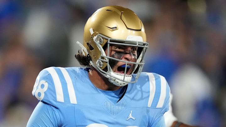 Oct 28, 2023; Pasadena, California, USA; UCLA Bruins tight end Moliki Matavao (88) celebrates after scoring on a 26-yard touchdown reception against the Colorado Buffaloes in the second half at Rose Bowl. UCLA defeated Colorado 28-16. Mandatory Credit: Kirby Lee-Imagn Images Oct 28, 2023; Pasadena, California, USA; UCLA Bruins tight end Moliki Matavao (88) celebrates after scoring on a 26-yard touchdown reception against the Colorado Buffaloes in the second half at Rose Bowl. UCLA defeated Colorado 28-16. Mandatory Credit: Kirby Lee-Imagn Images