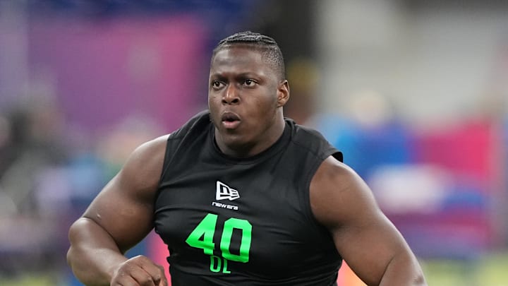 Mar 1, 2026; Indianapolis, IN, USA; Oregon offensive lineman Emmanuel Pregnon (OL40) during the NFL Scouting Combine at Lucas Oil Stadium. Mandatory Credit: Kirby Lee-Imagn Images