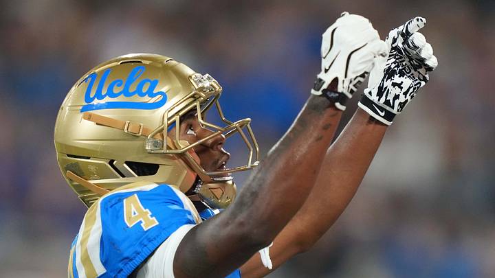 Sep 19, 2026; Pasadena, California, USA; UCLA Bruins wide receiver Semaj Morgan (4) celebrates after scoring on a 27-yard touchdown pass against the Purdue Boilermakers in the first half at the Rose Bowl. Mandatory Credit: Kirby Lee-Imagn Images Sep 19, 2026; Pasadena, California, USA; UCLA Bruins wide receiver Semaj Morgan (4) celebrates after scoring on a 27-yard touchdown pass against the Purdue Boilermakers in the first half at the Rose Bowl. Mandatory Credit: Kirby Lee-Imagn Images