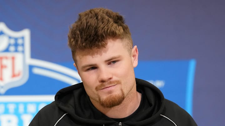 New Indianapolis Colts linebacker Bryce Boettcher speaks to the media