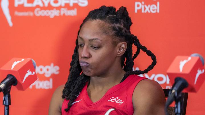 Indiana Fever guard Kelsey Mitchell (0) sits in the press conference after Game 3 of the first round of the WNBA Playoffs at Michelob ULTRA Arena in Las Vegas. The Aces advanced to the semifinals after defeating the Fever, 94-83, on October 1, 2026. Indiana Fever guard Kelsey Mitchell (0) sits in the press conference after Game 3 of the first round of the WNBA Playoffs at Michelob ULTRA Arena in Las Vegas. The Aces advanced to the semifinals after defeating the Fever, 94-83, on October 1, 2026.