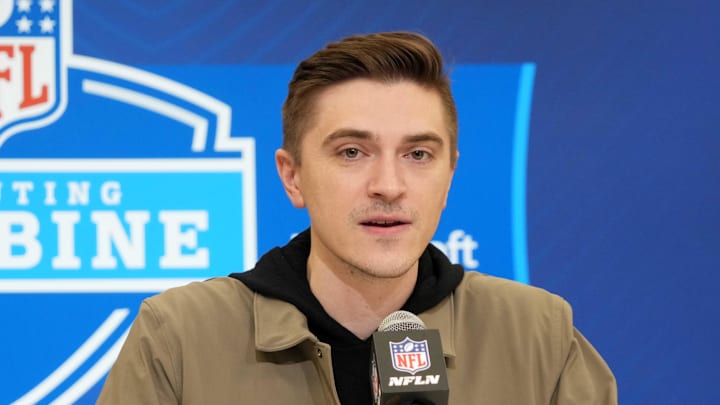 Feb 25, 2025; Indianapolis, IN, USA; Jacksonville Jaguars general manger James Gladstone speaks during the NFL Scouting Combine at the Indiana Convention Center. Mandatory Credit: Kirby Lee-Imagn Images