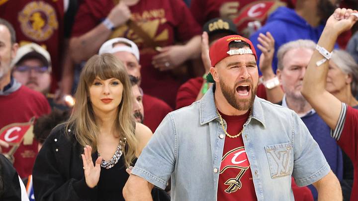 Taylor Swift and Travis Kelce react during game three of the eastern conference finals for the 2026 NBA playoffs.