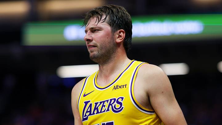Oct 5, 2026; Sacramento, California, USA;  Los Angeles Lakers guard Luka Doncic (77) reacts after being fouled during the second quarter against the Sacramento Kings at Golden 1 Center.  Mandatory Credit: Sergio Estrada-Imagn Images