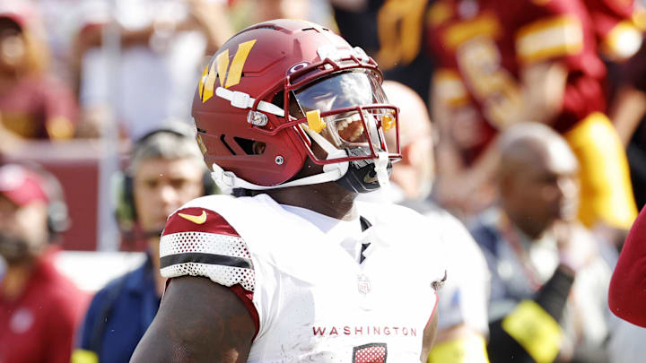 Sep 7, 2025; Landover, Maryland, USA; Washington Commanders wide receiver Deebo Samuel (1) reacts after a touchdown during the third quarter against the New York Giants at Northwest Stadium. Mandatory Credit: Amber Searls-Imagn Images