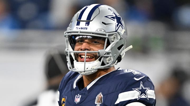 Dec 4, 2025; Detroit, Michigan, USA; Dallas Cowboys quarterback Dak Prescott (4) warms up before a game against the Detroit Lions at Ford Field. Mandatory Credit: Lon Horwedel-Imagn Images