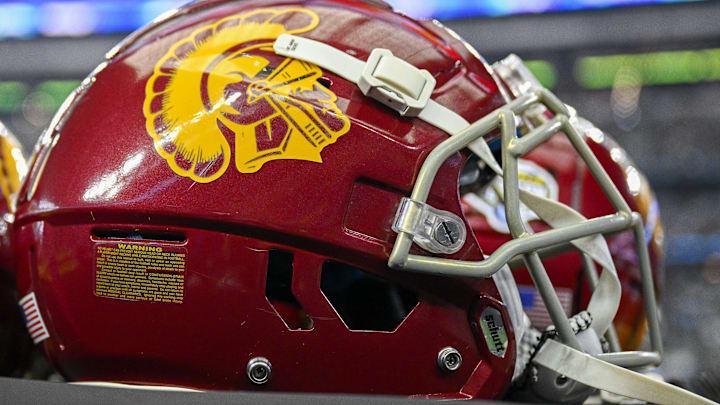 Jan 2, 2023; Arlington, Texas, USA; A view of the USC Trojans helmets and Cotton Bowl logo during