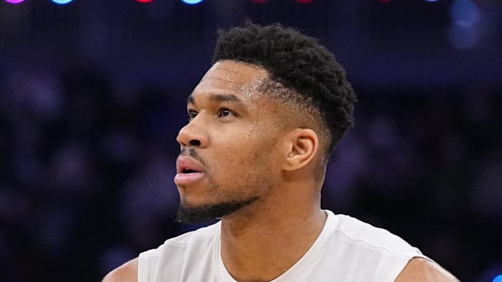 Milwaukee Bucks forward Giannis Antetokounmpo during warmups prior to the game against the Denver Nuggets.
