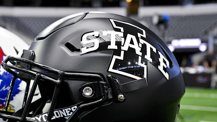 Jul 12, 2023; Arlington, TX, USA; A view of the Iowa State Cyclones helmet and logo during Big 12 football media day at AT&T Stadium. 
