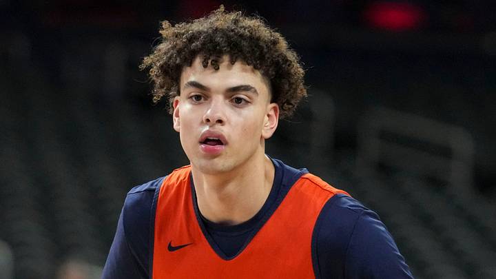 Illinois Fighting Illini guard Keaton Wagler (23) guards during practice ahead of a Final Four game on Friday, April 3, 2026, at Lucas Oil Stadium in Indianapolis. Illinois Fighting Illini guard Keaton Wagler (23) guards during practice ahead of a Final Four game on Friday, April 3, 2026, at Lucas Oil Stadium in Indianapolis.
