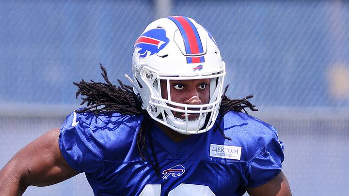 Bills rookie linebacker Dorian Williams runs drills with the special teams unit.