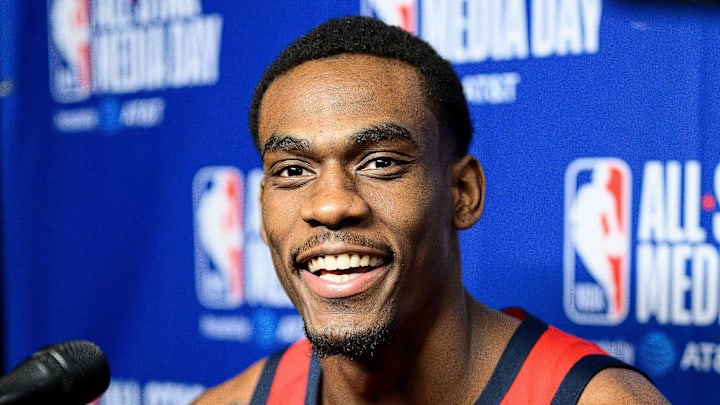 Feb 14, 2026; Inglewood, California, USA; Jalen Duren speaks during interviews at media day at Intuit Dome. Mandatory Credit: William Liang-Imagn Images