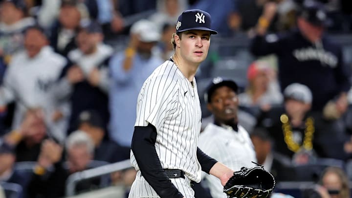 Oct 8, 2025; Bronx, New York, USA; New York Yankees pitcher Cam Schlittler (31) celebrates after the sixth inning against the Toronto Blue Jays during game four of the ALDS round for the 2025 MLB playoffs at Yankee Stadium. Mandatory Credit: Brad Penner-Imagn Images Oct 8, 2025; Bronx, New York, USA; New York Yankees pitcher Cam Schlittler (31) celebrates after the sixth inning against the Toronto Blue Jays during game four of the ALDS round for the 2025 MLB playoffs at Yankee Stadium. Mandatory Credit: Brad Penner-Imagn Images