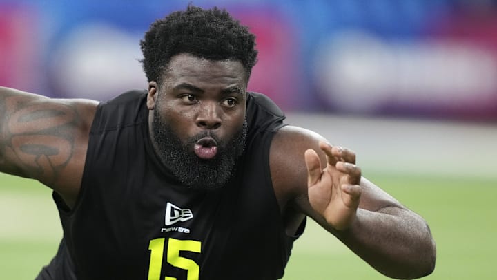 Feb 26, 2026; Indianapolis, IN, USA; Texas Tech defensive lineman Lee Hunter (DL15) during the NFL Scouting Combine  at Lucas Oil Stadium. Mandatory Credit: Kirby Lee-Imagn Images
