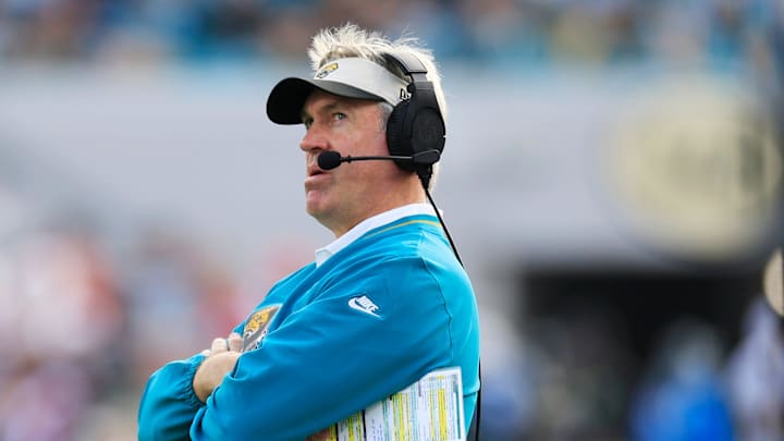 Jacksonville Jaguars head coach Doug Pederson looks on before challenging a Jets touchdown during the third quarter Sunday, Dec. 15, 2024 at EverBank Stadium in Jacksonville, Fla. The Jets held off the Jaguars 32-25. [Corey Perrine/Florida Times-Union]