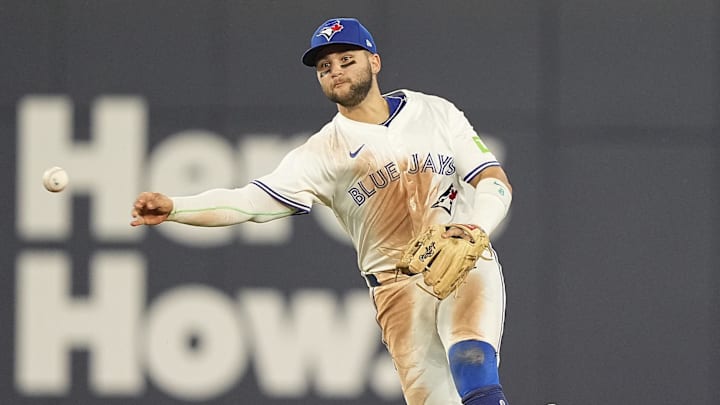 Apr 29, 2025; Toronto, Ontario, CAN; Toronto Blue Jays shortstop Bo Bichette (11) throws out Boston Red Sox left fielder Jarren Duran (not pictured) to end the top of the sixth inning at Rogers Centre.