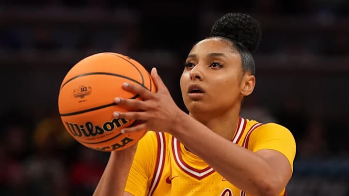 USC guard JuJu Watkins shoots a free throw. USC guard JuJu Watkins shoots a free throw.