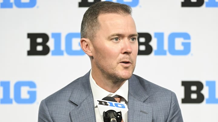 Jul 24, 2024; Indianapolis, IN, USA; USC Trojans head coach Lincoln Riley speaks to the media during the Big 10 football media day at Lucas Oil Stadium. Mandatory Credit: Robert Goddin-Imagn Images