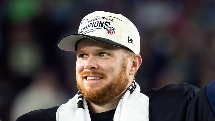 Seattle Seahawks quarterback Sam Darnold celebrates with the Lombardi Trophy